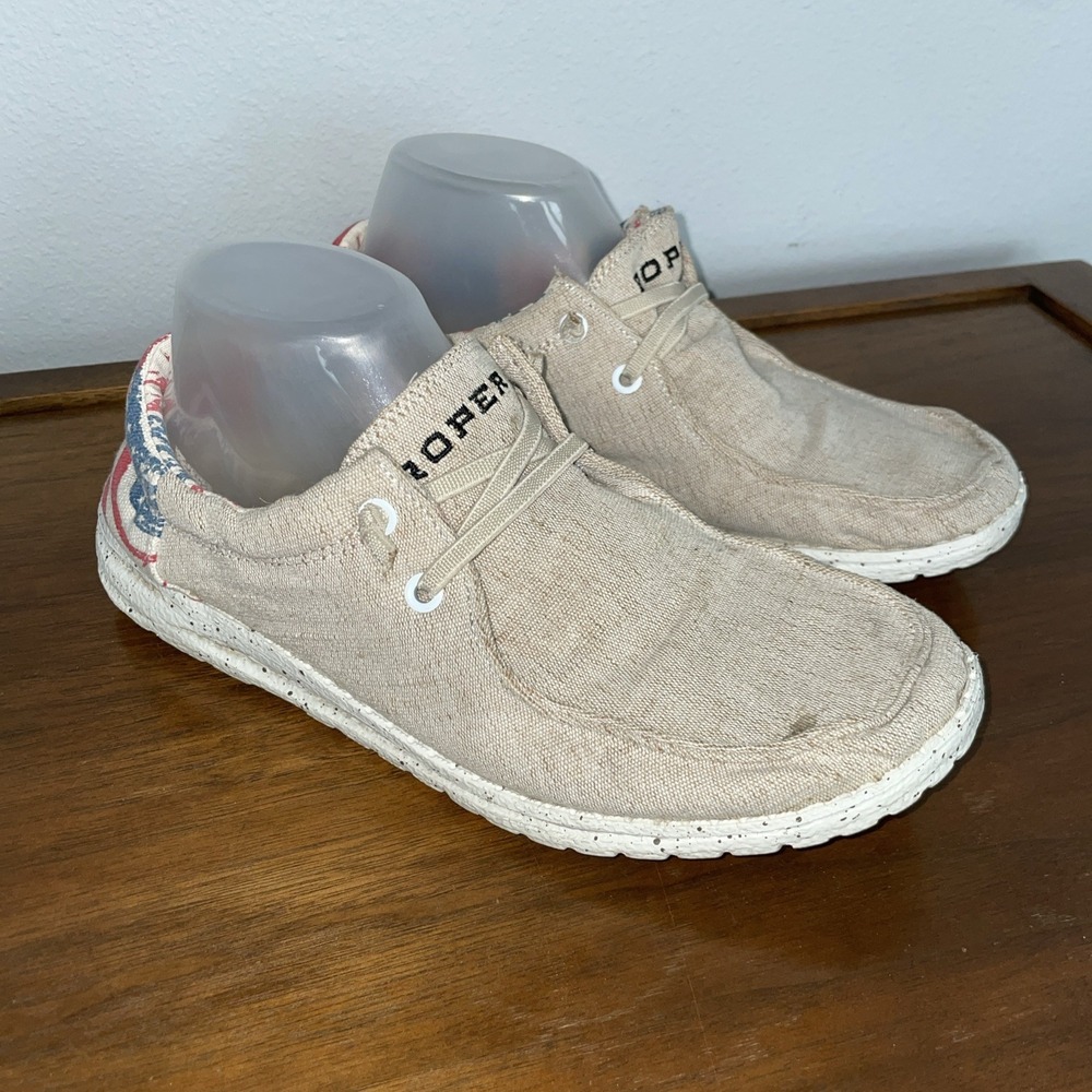 Roper Women's Size 10 USA Flag Heel‎ Fabric Hang Loose Moc xford Shoes